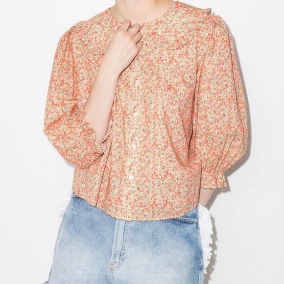 New RIXO London Blouse Peter Pan Ruffle Brown Orange Floral Size 6 - Picture 7 of 7
